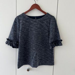 Navy Heathered Blouse with Ruffled Sleeve Detail